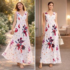 T Tahari Floral Maxi Dress Empire Waist V-Neck Tie Shoulder Size 10